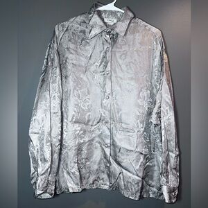 Lise J Woman 100% Silk Silver Floral Jacquard Blouse